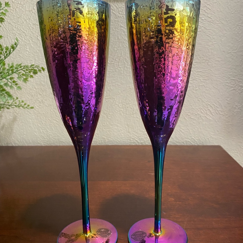Set of 2, Handmade, iridescent Multi Colored Rainbow Champagne Glasses